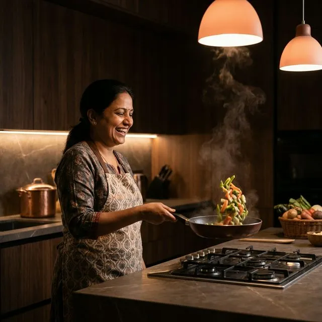 Joyful professional Indian home cook preparing a fresh meal